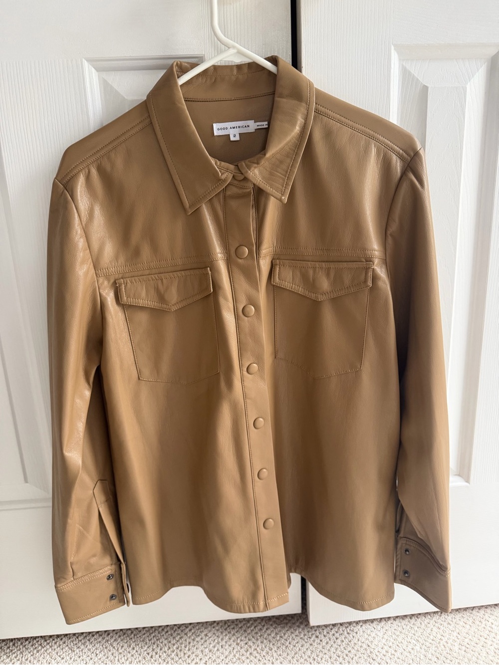 Good American Tan faux Leather Snap-Front Shirt Jacket